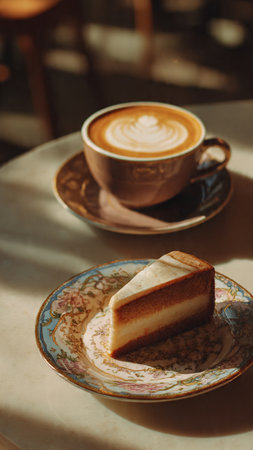 A cup of coffee and a piece of cake on a saucer.