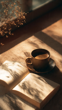 Cup of coffee and book on wooden table with window background.の写真素材