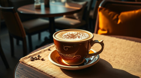 Cup of cappuccino on wooden table in coffee shop