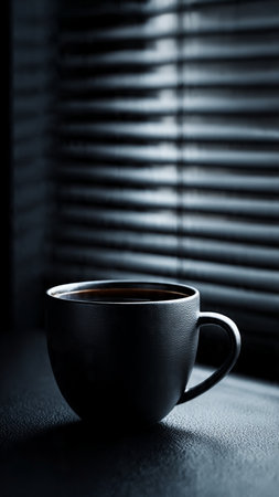 Cup of coffee on black table in front of window with blindsの写真素材