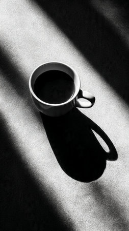 Cup of coffee with shadow on the floor. Black and white.の写真素材