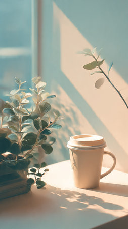 Coffee cup with book and eucalyptus branch on windowsillの写真素材