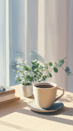 Cup of coffee and books on the windowsill in the morningの写真素材