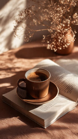 Cup of coffee and book on table in sunlight. Morning concept