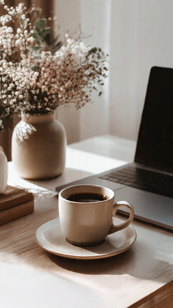 Coffee cup and laptop on the table in the morning.の写真素材