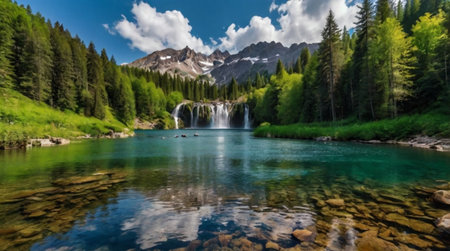 Panoramic view of a mountain lakeの写真素材