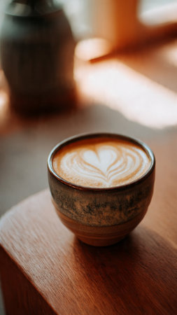 Latte art coffee in a cup on wooden table, stock photoの写真素材