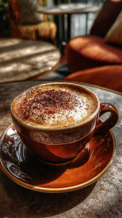 Cappuccino in a cup on a table in a cafeの写真素材