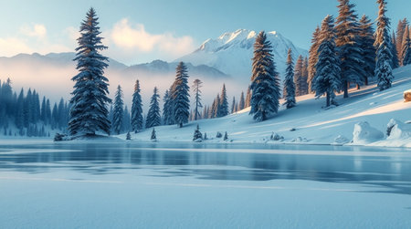 Fantastic winter landscape with frozen lake and snow covered fir treesの写真素材