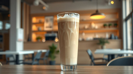 Glass of latte macchiato on table in coffee shopの写真素材