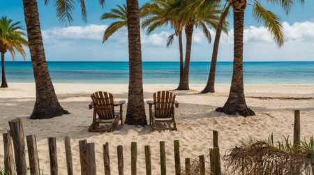 Wooden chairs on the beach with palm trees in the background.の写真素材