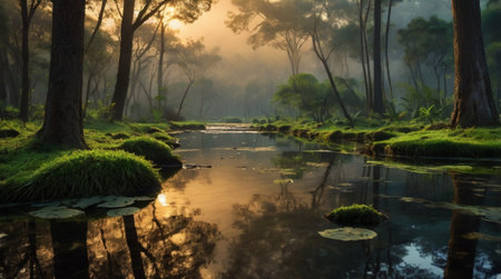 Landscape of misty forest and river in the morning, Thailandの写真素材