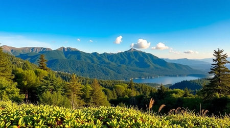 Panoramic view of the lake and the mountains on a sunny day