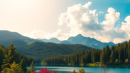Mountain lake and pine forest on the background of blue sky with cloudsの写真素材