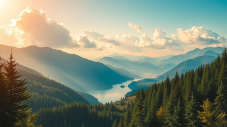 Panoramic view of the mountains and lake at sunset. Beautiful summer landscapeの写真素材