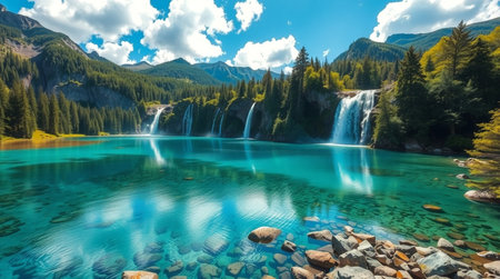 Beautiful waterfall in the mountains.の写真素材