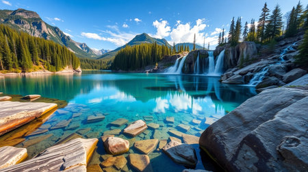 Beautiful mountain lake with clear turquoise water and reflection in the water.