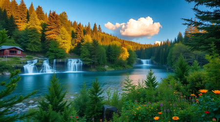 Fantastic view of the waterfall in the mountains at sunset. Dramatic scene.