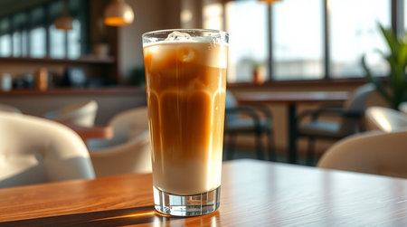 Iced coffee in glass on wooden table in cafe, closeupの写真素材