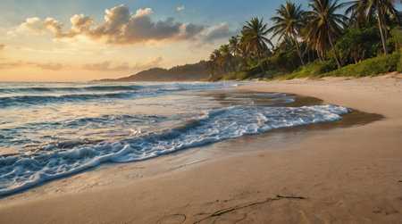 Tropical beach with palm trees at sunset, Sri Lanka.