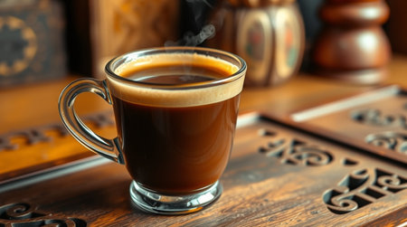 Cup of coffee on a wooden table, close-up.の写真素材
