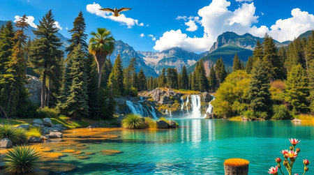 Beautiful waterfall in the mountains. Panoramic view of the mountain lake.の写真素材