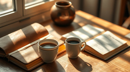 Cup of coffee and book on wooden table in morning sunlight, closeupの写真素材