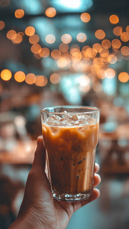Iced coffee in a glass on the background of bokehの写真素材