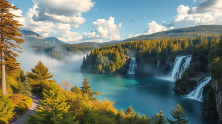 Beautiful view of the waterfall in the mountains.