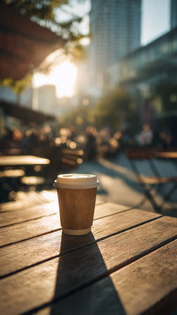 Coffee cup on wooden table in coffee shop, stock photo