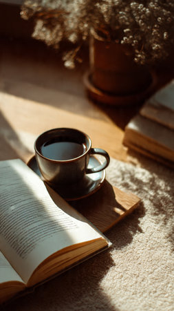 Cup of coffee on a wooden table with books and a vase of flowers