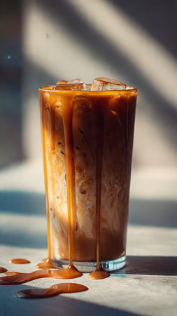 Iced coffee with milk in a glass on wooden table with sunlight.の写真素材