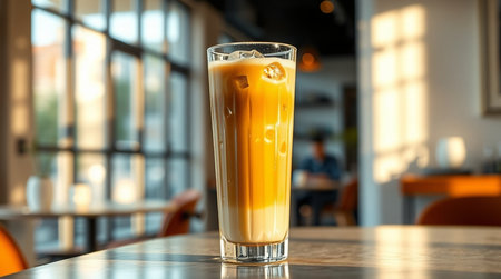 Iced coffee in glass on table in coffee shop, stock photoの写真素材