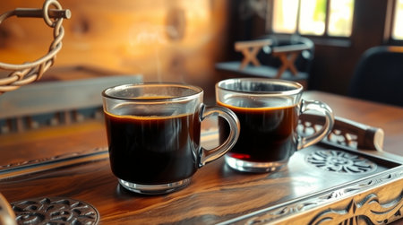 Two cups of coffee on a wooden table in a cafe or restaurantの写真素材