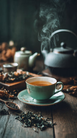 Tea cup and teapot on old wooden table, stock photoの写真素材