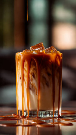 Iced coffee with caramel and ice cubes on a bar counter.の写真素材