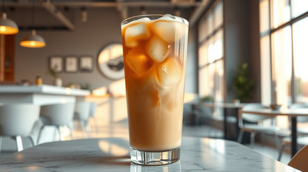 Iced coffee in glass table in cafe. 3d renderingの写真素材