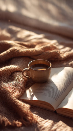 Cup of coffee and open book on knitted blanket, soft focus backgroundの写真素材