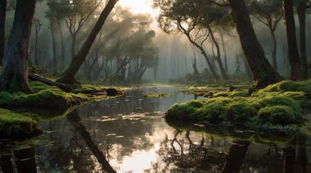 Morning mist over the river in the pine forest