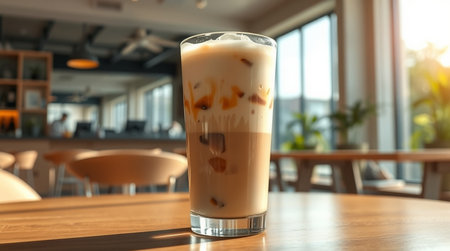 Iced coffee in glass on table in coffee shop, stock photoの写真素材