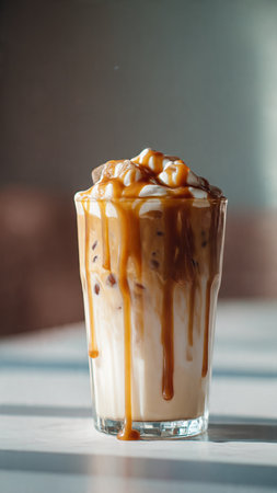 Iced caramel coffee with whipped cream in glass on table, stock photoの写真素材