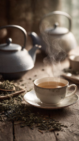 tea cup and teapot on old wooden table with smokeの写真素材