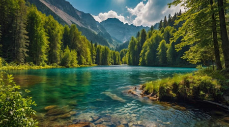 Mountain lake in the Alps with clear turquoise water.