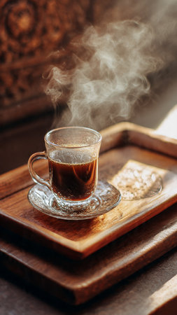 Cup of coffee with steam on wooden tray. Selective focus.の写真素材
