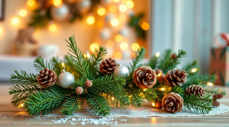 Christmas background with fir tree branches, garland lights and bokehの写真素材