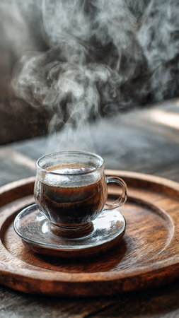 Coffee cup on a wooden table with smoke in the backgroundの写真素材
