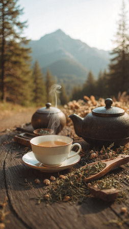 Cup of hot tea and teapot on wooden table in mountainsの写真素材