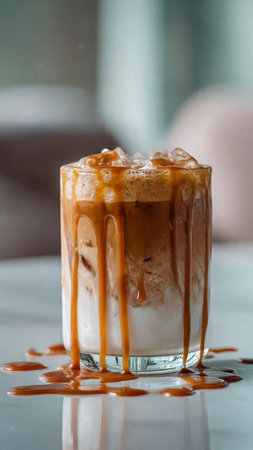 Iced coffee with caramel in glass on white table, stock photoの写真素材