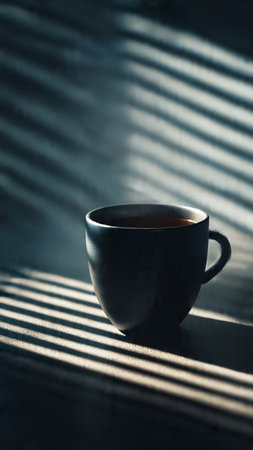 Cup of coffee on the background of a window with blindsの写真素材