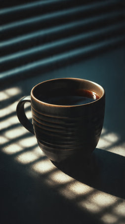 Cup of coffee with shadow from window in morning light, stock photo